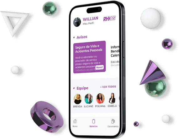 Tela do aplicativo RH365 no celular, com avisos da empresa e as abas Home, Holerites e Documentos